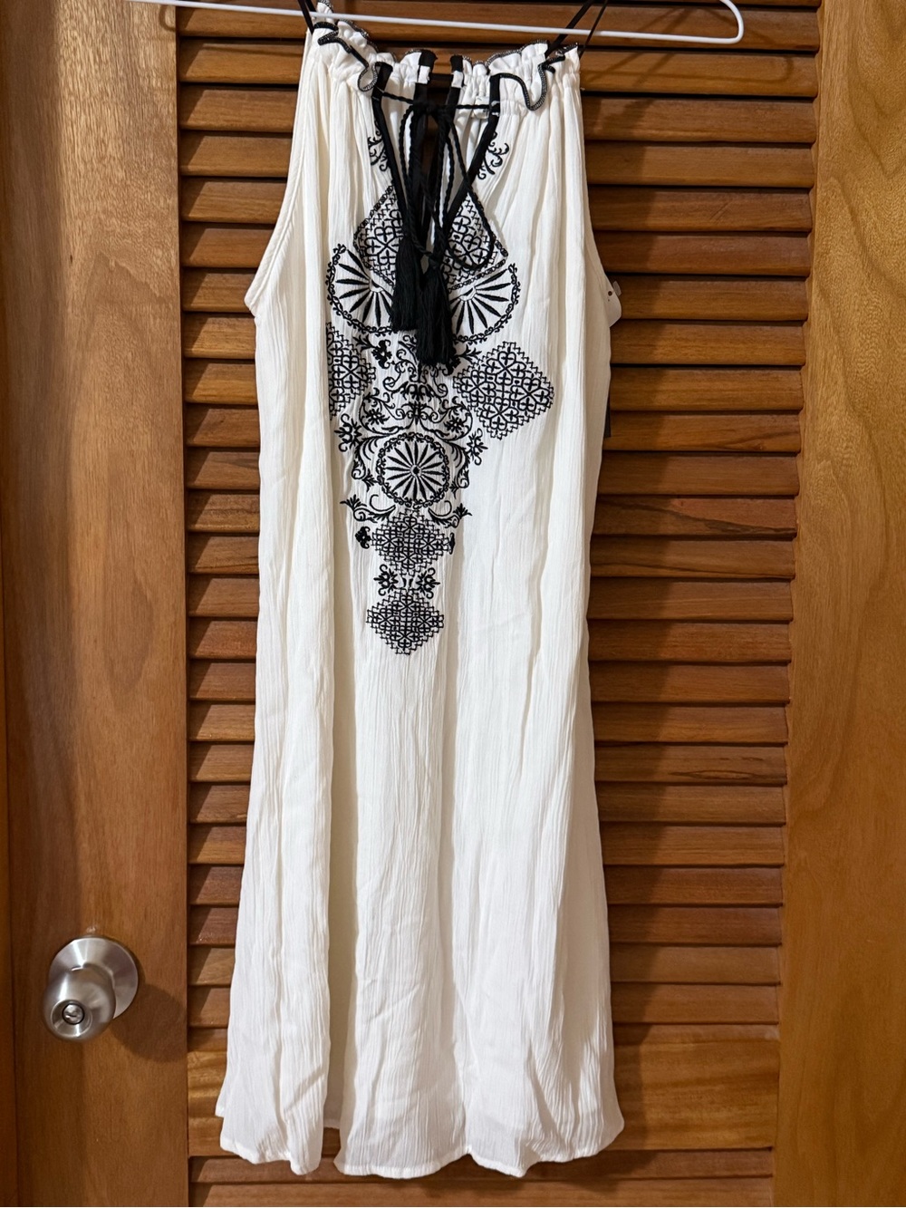 Ivory Boho Tassel Halter Dress with Black Embroidery